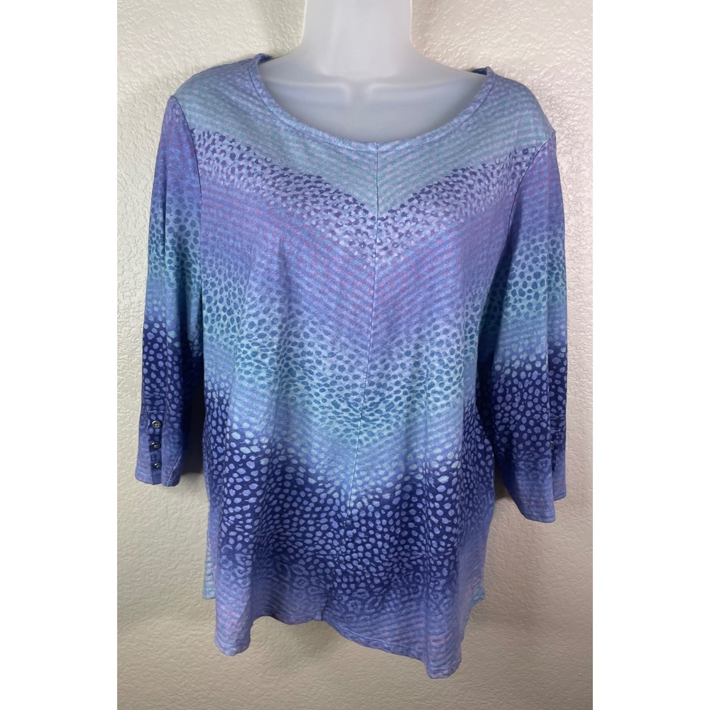 Chicos 2 US Large Top Blue Purple Ombre Animal Print 3/4 Sleeve Cotton Casual